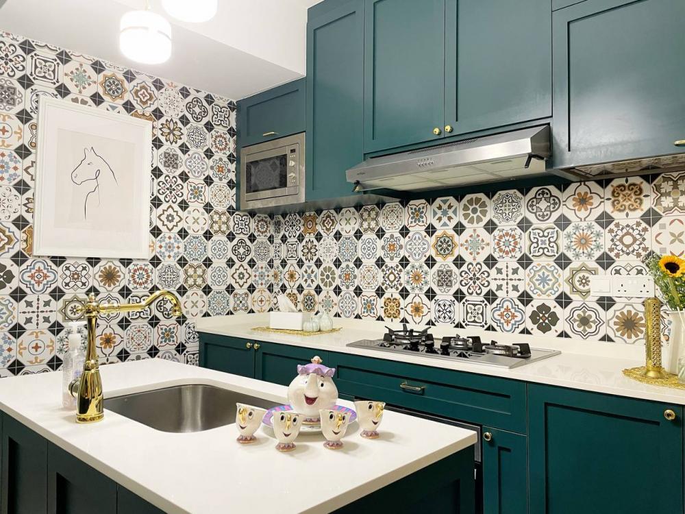 Asian Kitchen with Countertop and Homogeneous Tiles