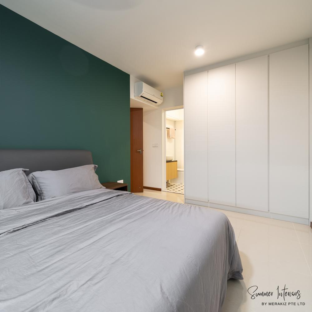 Modern Bedroom with Homogeneous Tiles and Feature Wall