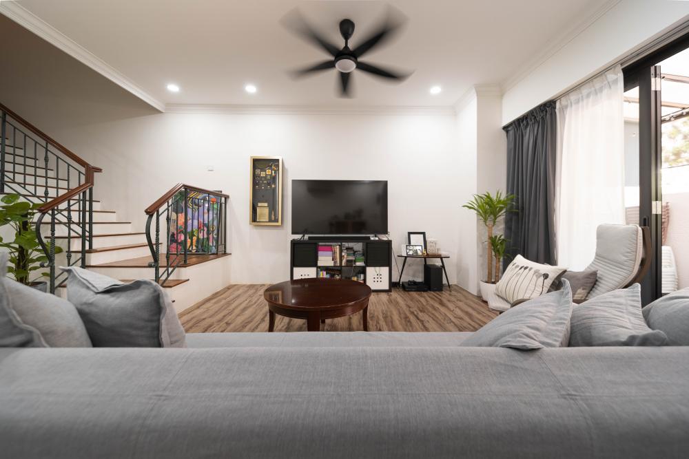 Industrial Living Room with Staircase and Ceiling Light