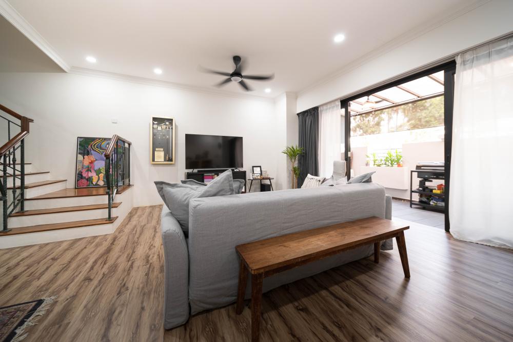 Industrial Living Room with Staircase and Carpet