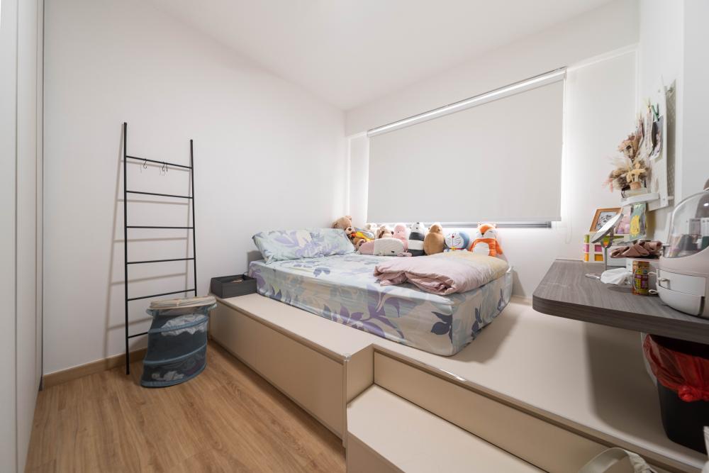 Scandinavian Bedroom with Platform Bed and Vinyl Flooring