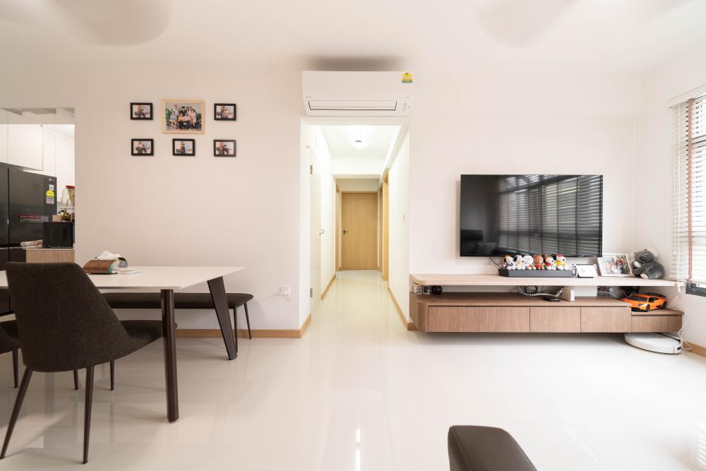 Scandinavian Hallway with TV Console and Dining Table