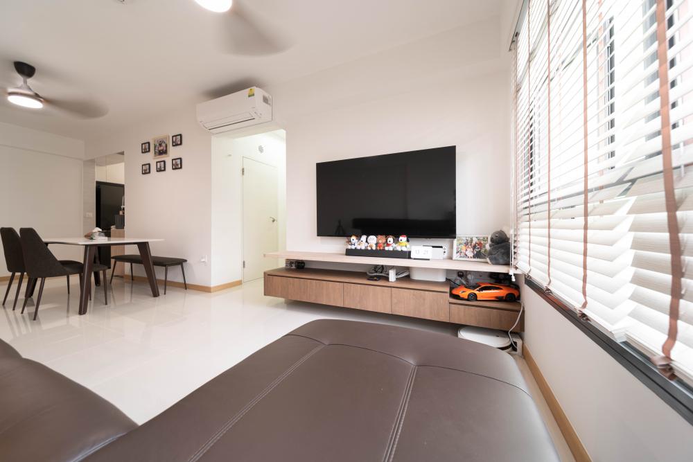 Scandinavian Living Room with TV Console and Ceiling Fan