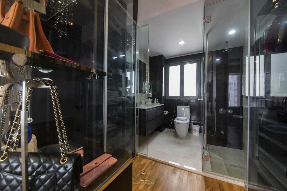 Contemporary Bathroom with Wood Flooring and Mirror