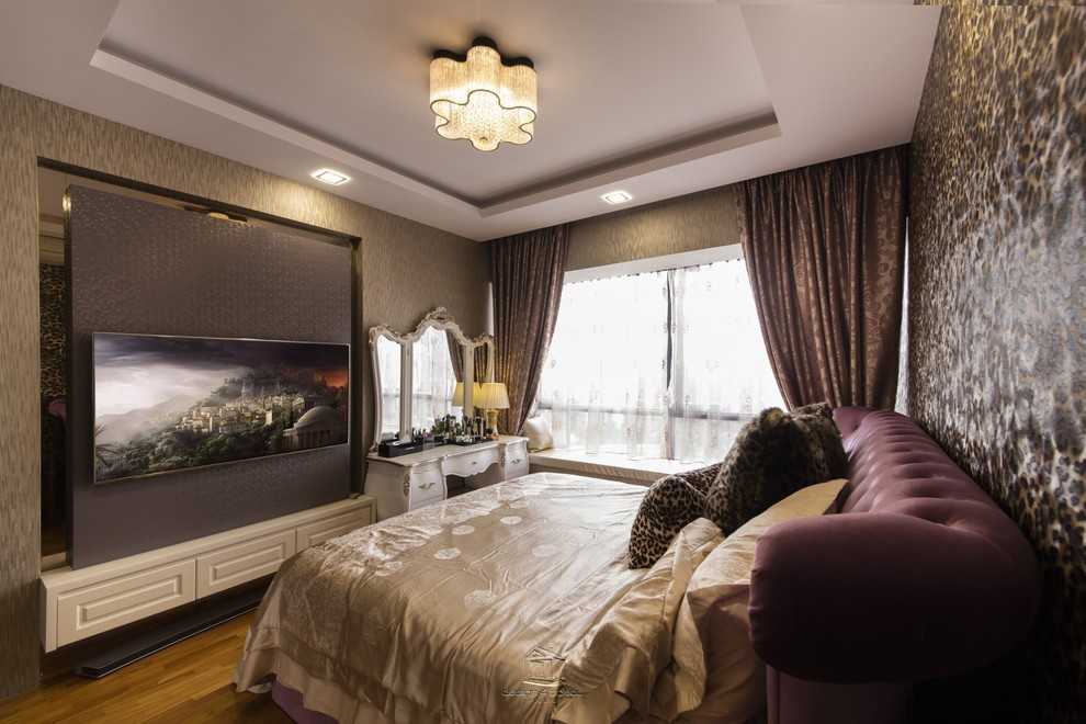 Contemporary Bedroom with Wood Flooring and Downlights