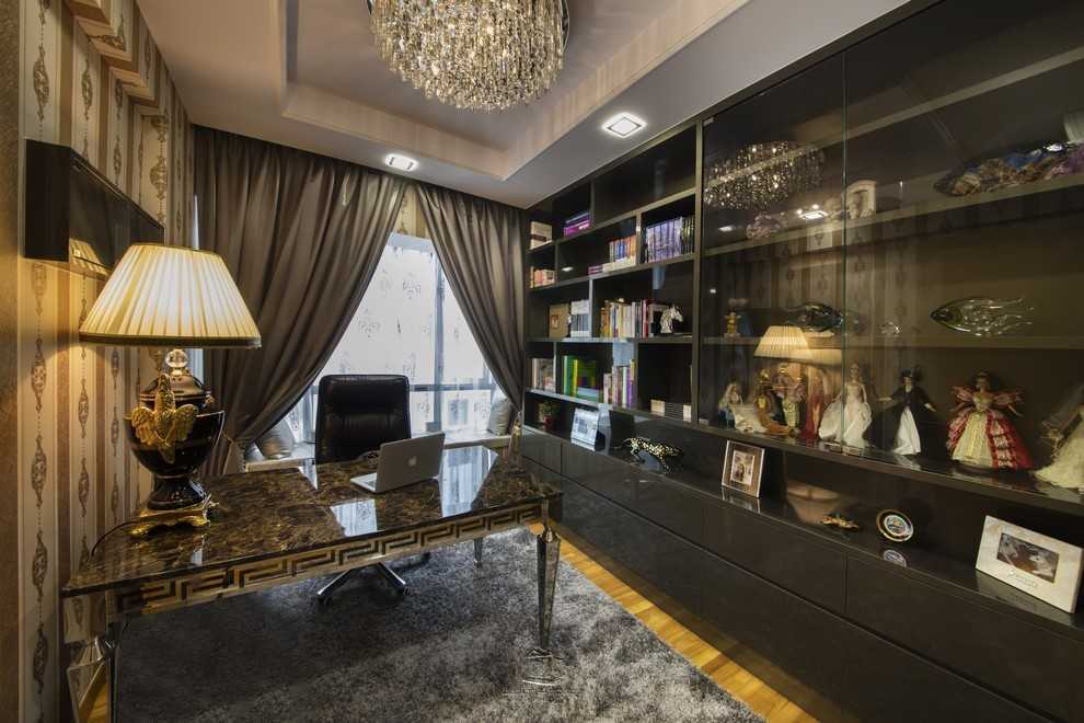 Contemporary Home Office with Wallpaper and Storage Cabinets