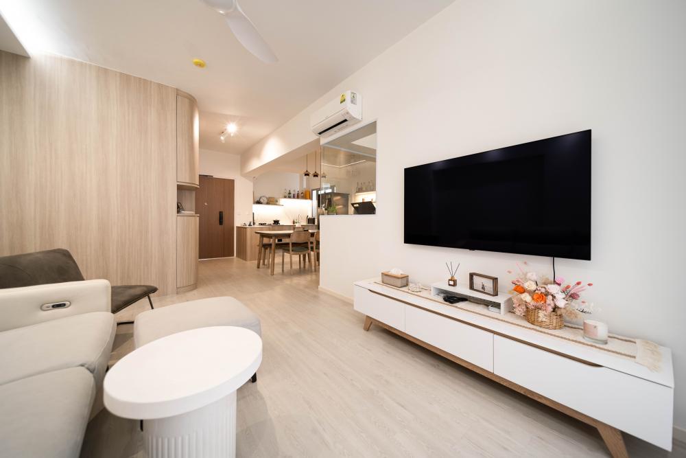 Scandinavian Living Room with Vinyl Flooring and TV Console
