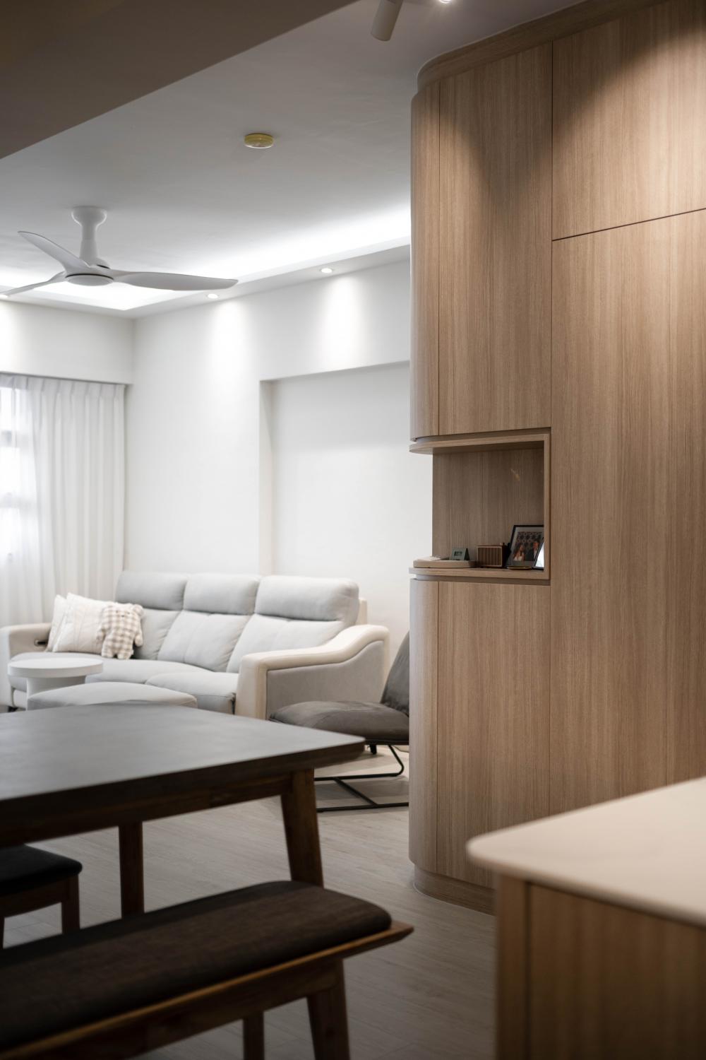 Scandinavian Dining Room with Cove Lighting and Ceiling Fan