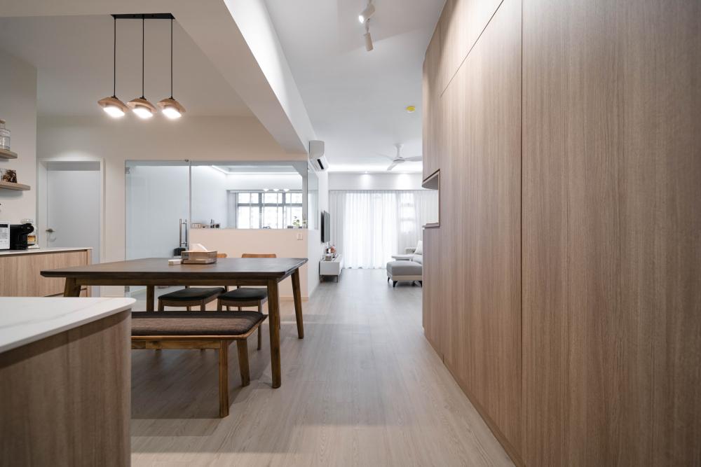 Scandinavian Dining Room with Countertop and Dining Table