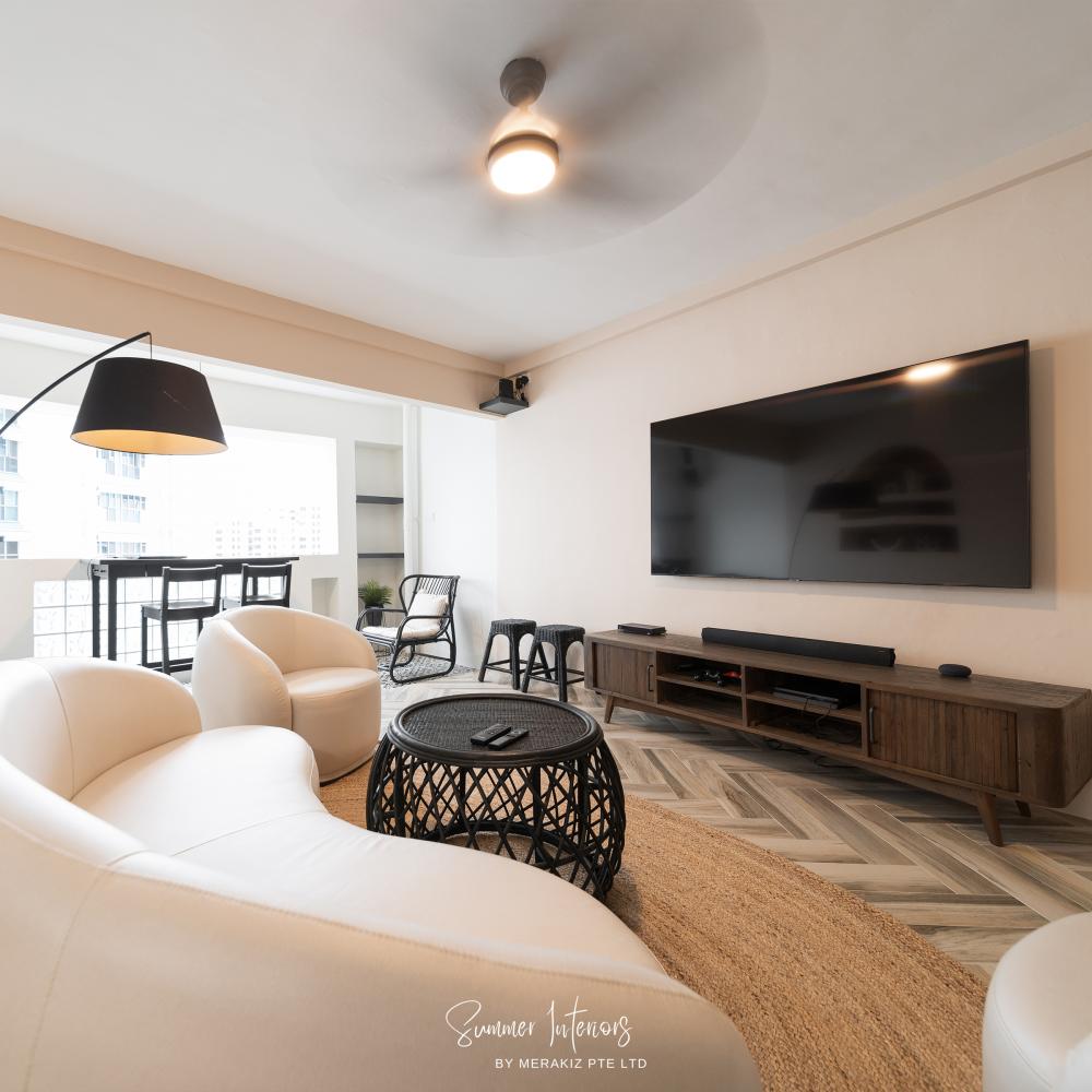 Modern Living Room with TV Console and Ceiling Fan