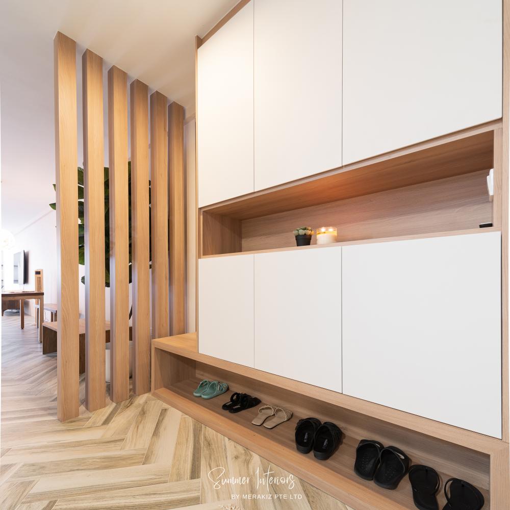 Modern Entryway with Parquet Floor and Storage Cabinets
