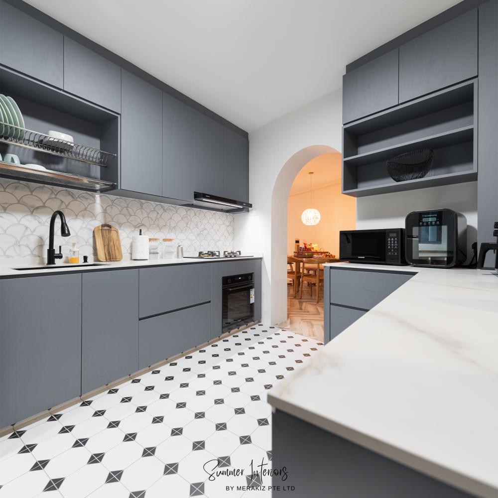 Modern Kitchen with Countertop and Homogeneous Tiles