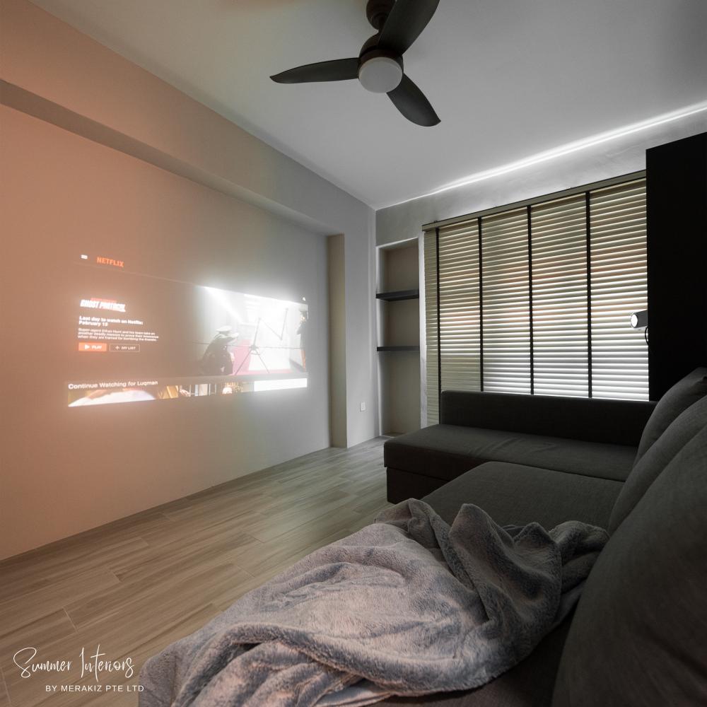 Modern Home Theatre with Ceiling Fan and Sofa