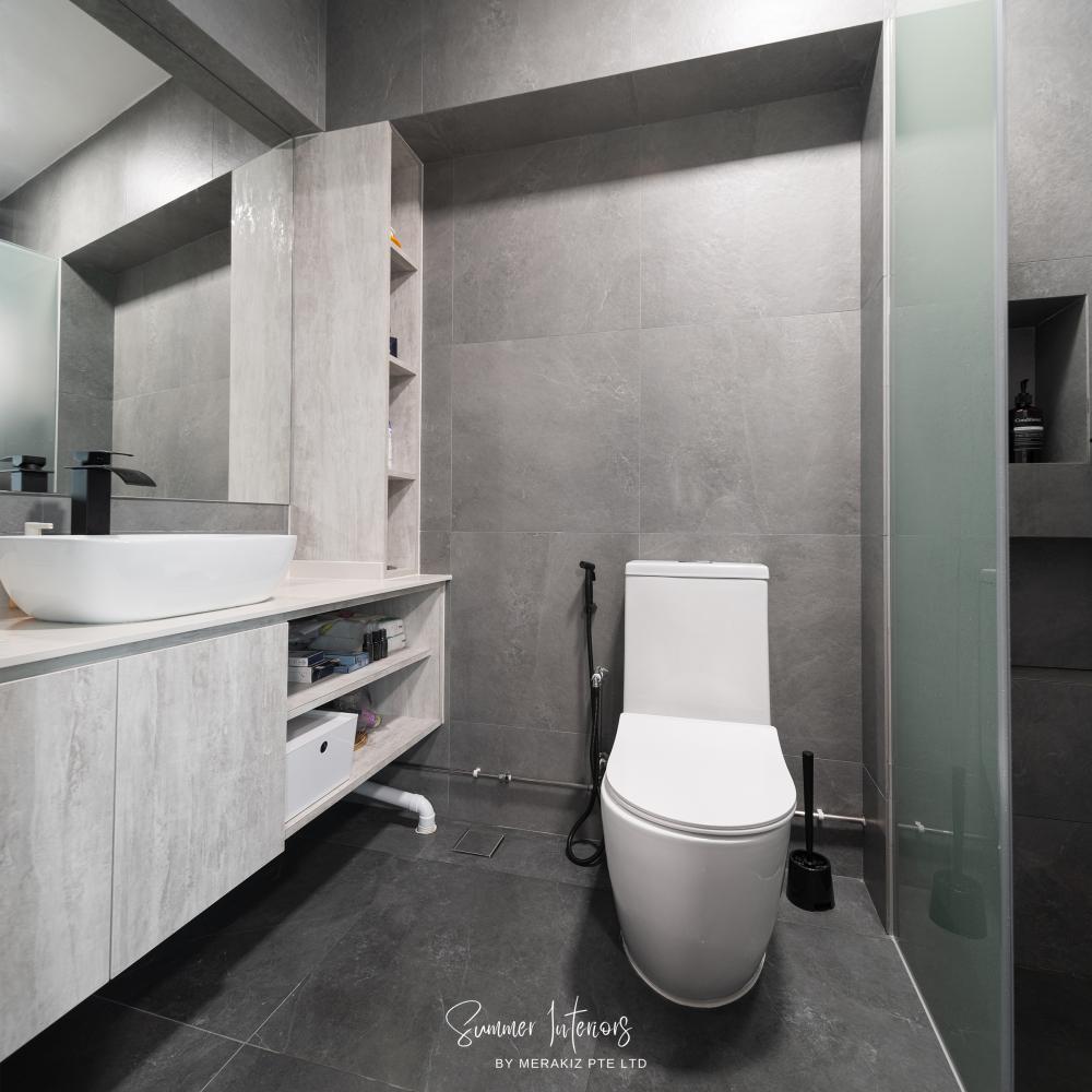 Modern Bathroom with Homogeneous Tiles and Mirror