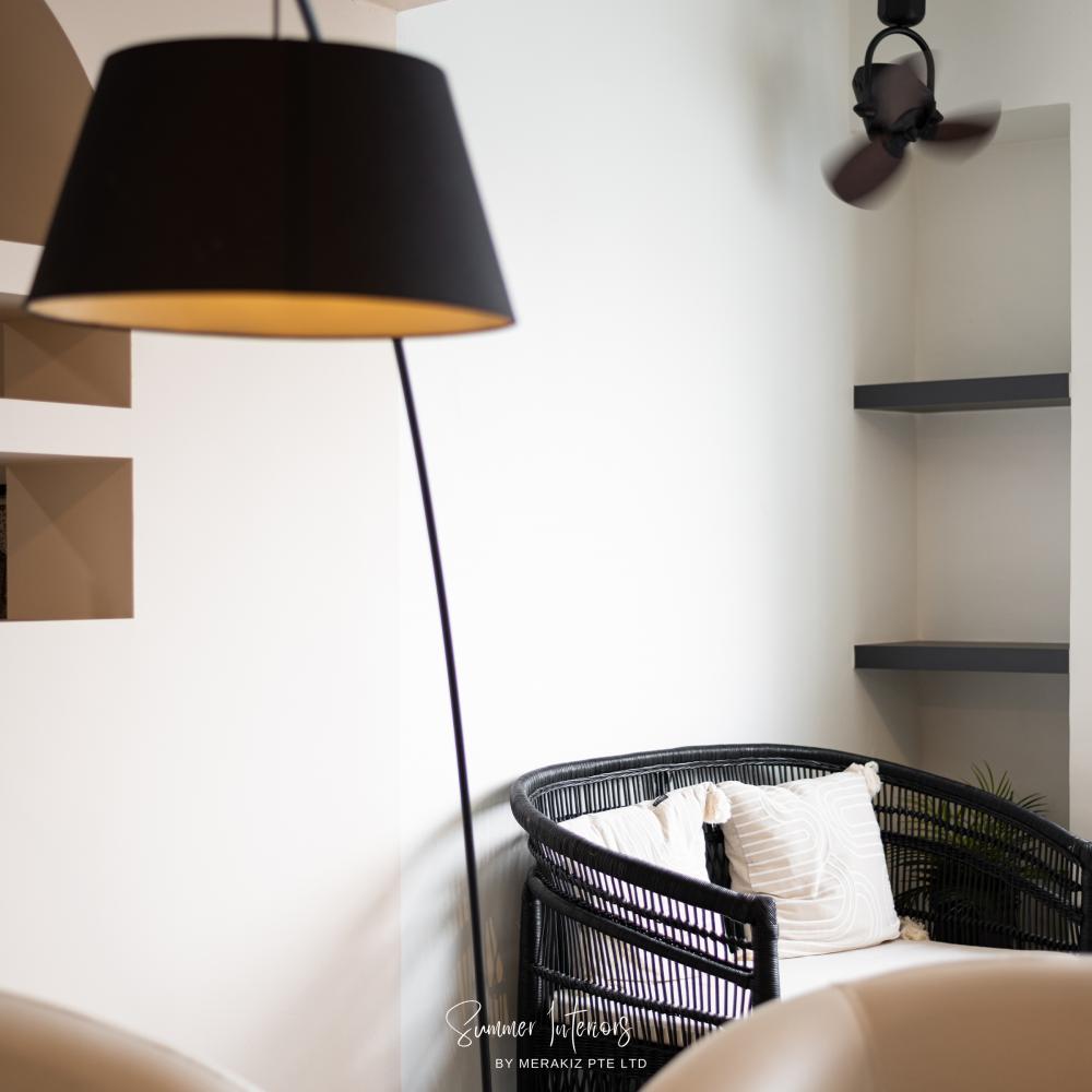 Modern Living Room with Bookshelf and Ceiling Fan