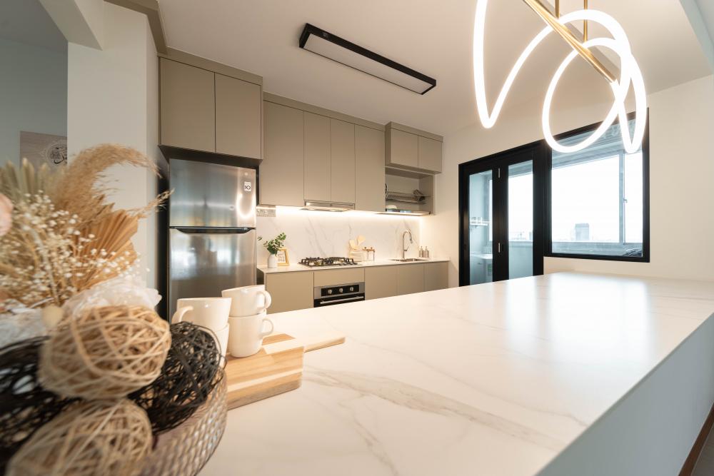 Contemporary Kitchen with Countertop and Glass Door