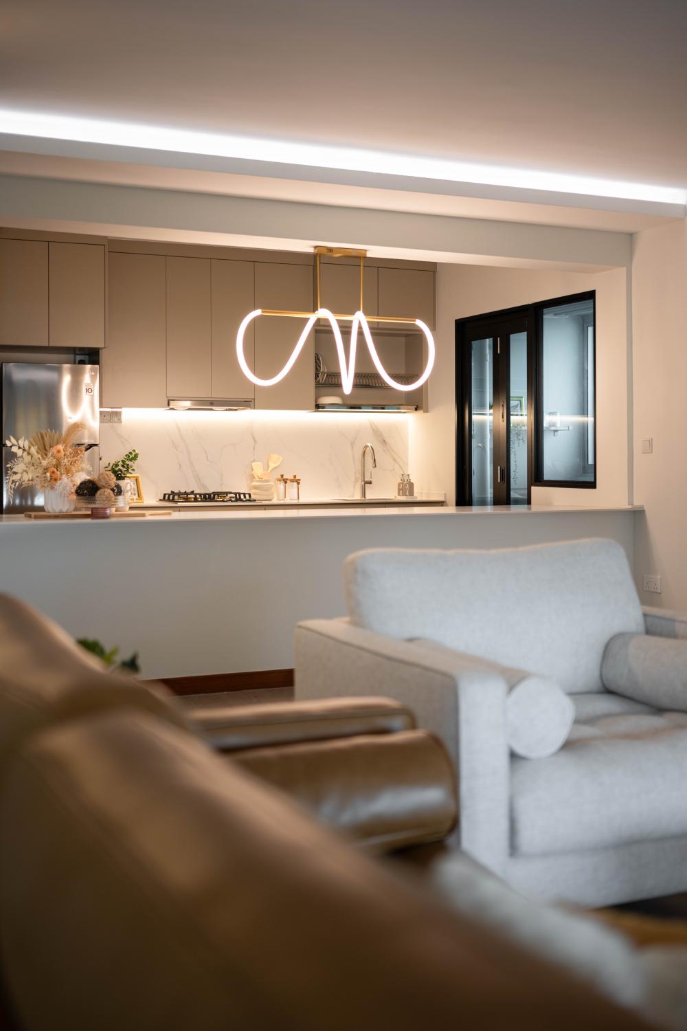 Contemporary Living Room with Countertop and Cove Lighting