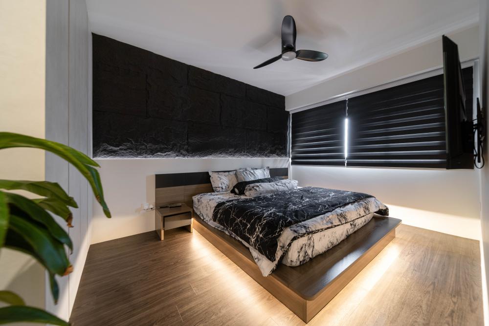 Modern Bedroom with Platform Bed and Vinyl Flooring