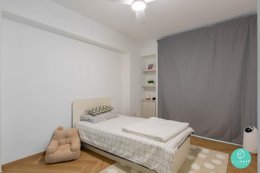 Scandinavian Bedroom with Bookshelf and Vinyl Flooring