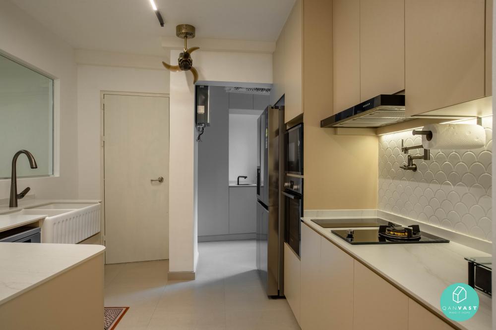Scandinavian Kitchen with Countertop and Ceiling Fan