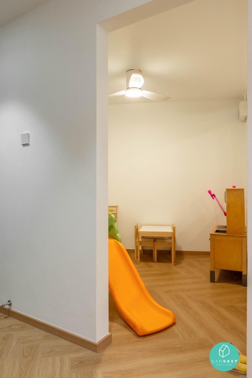 Scandinavian Kids Room with Vinyl Flooring and Ceiling Fan