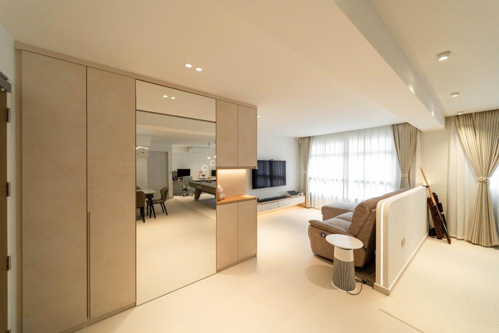 Minimalist Living Room with Homogeneous Tiles and TV Console