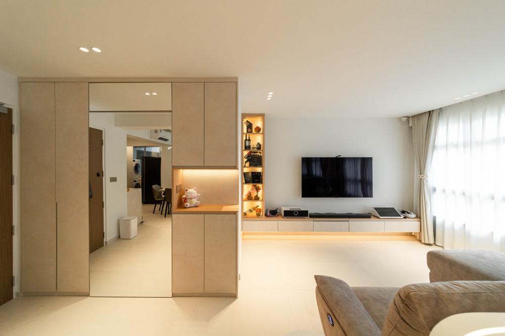 Minimalist Living Room with Bookshelf and Homogeneous Tiles