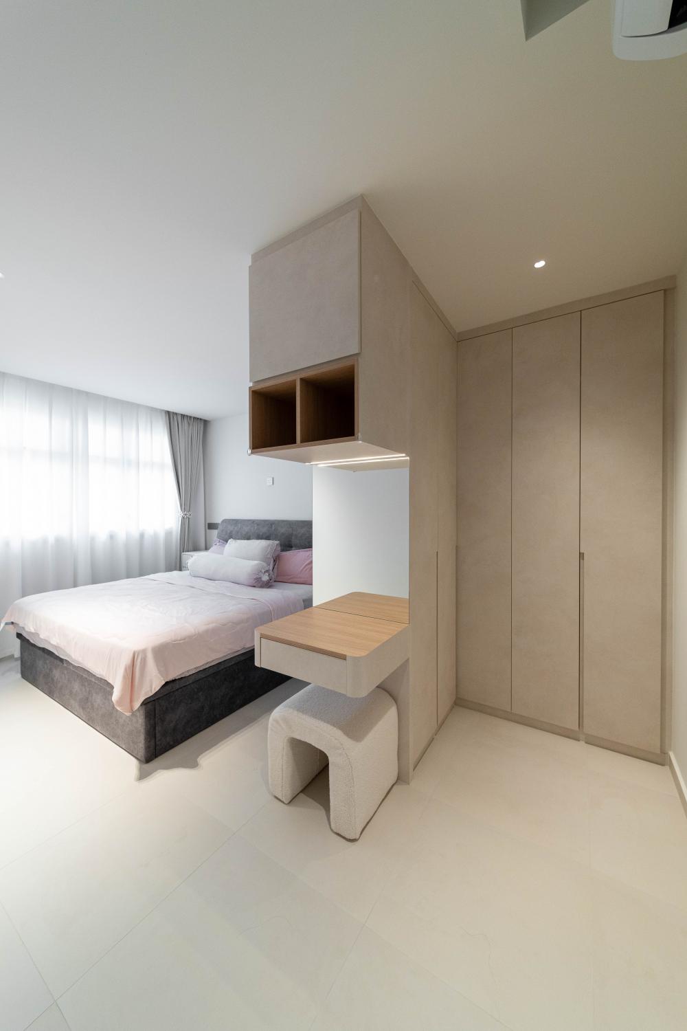 Minimalist Bedroom with Homogeneous Tiles and Wardrobe
