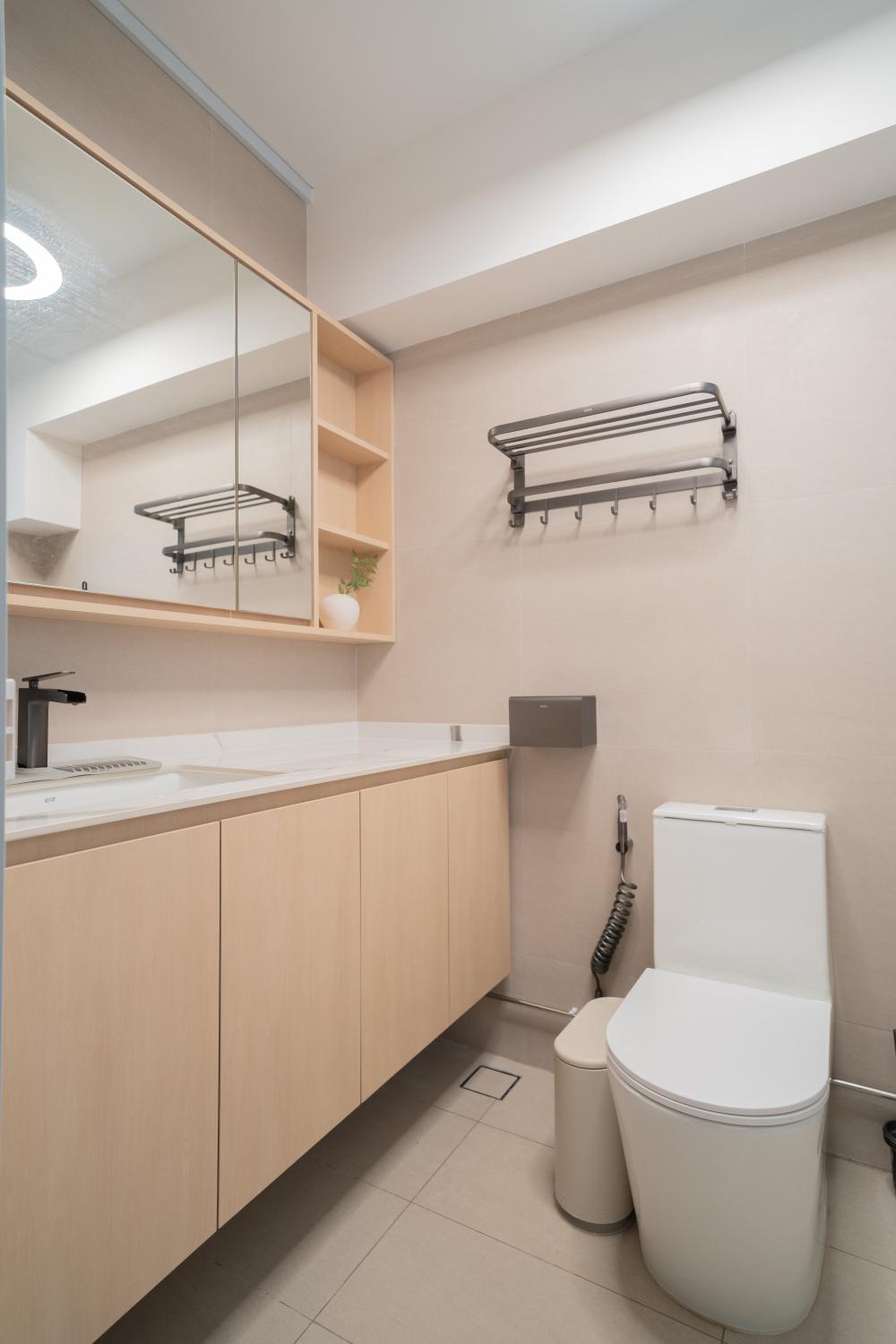 Minimalist Bathroom with Shower Screen and Bathroom Storage