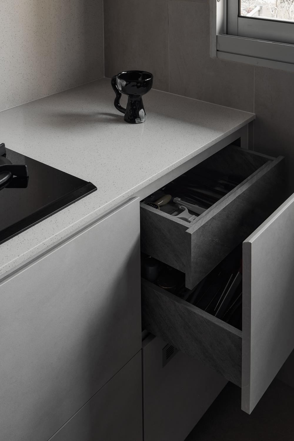 Industrial Kitchen with Countertop and Cement Floor