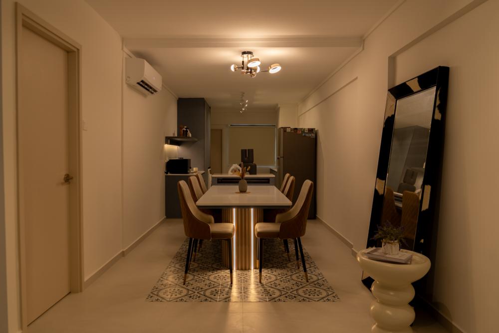 Modern Dining Room with Drop Light and Downlights