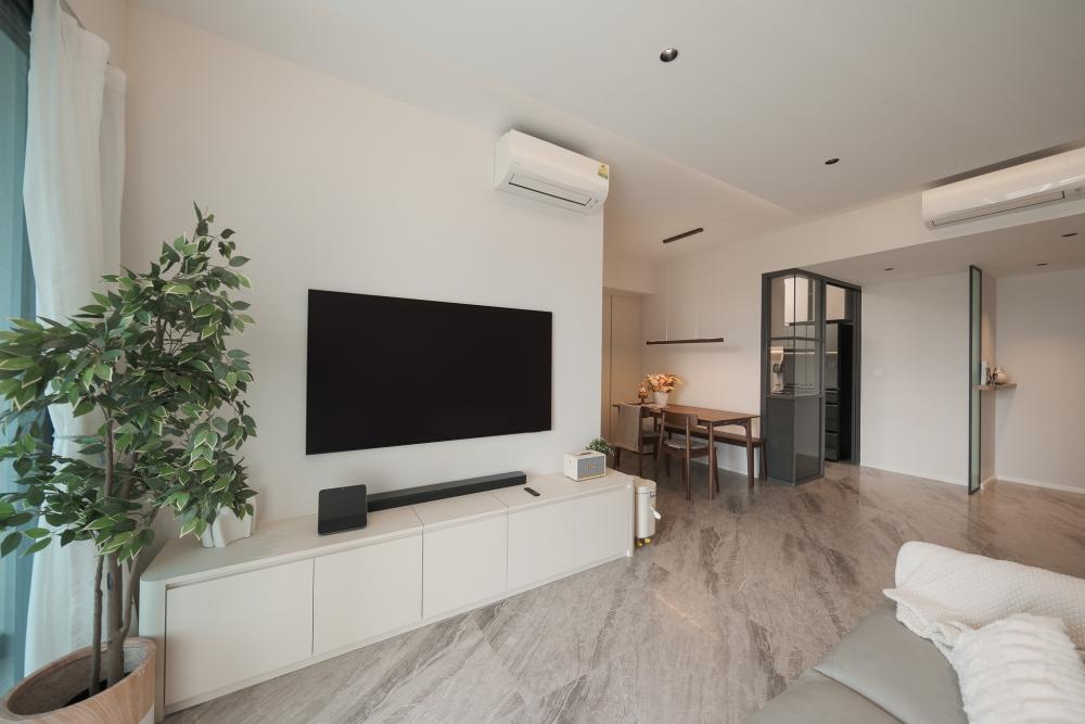 Contemporary Living Room with Parquet Floor and TV Console