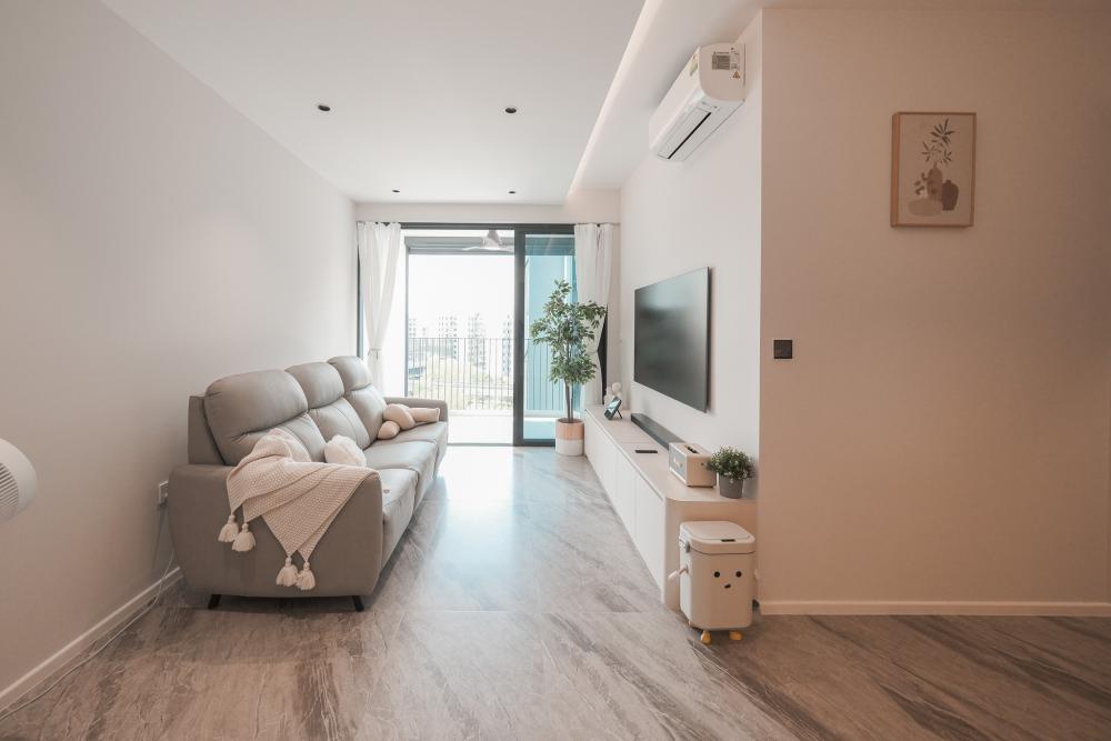 Contemporary Living Room with Parquet Floor and Cement Floor
