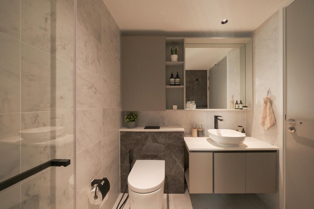 Contemporary Bathroom with Cement Floor and Shower Screen