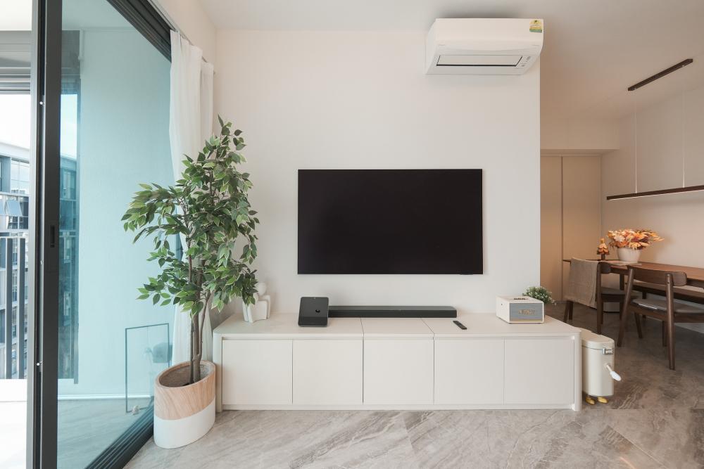 Contemporary Living Room with TV Console and Drop Light