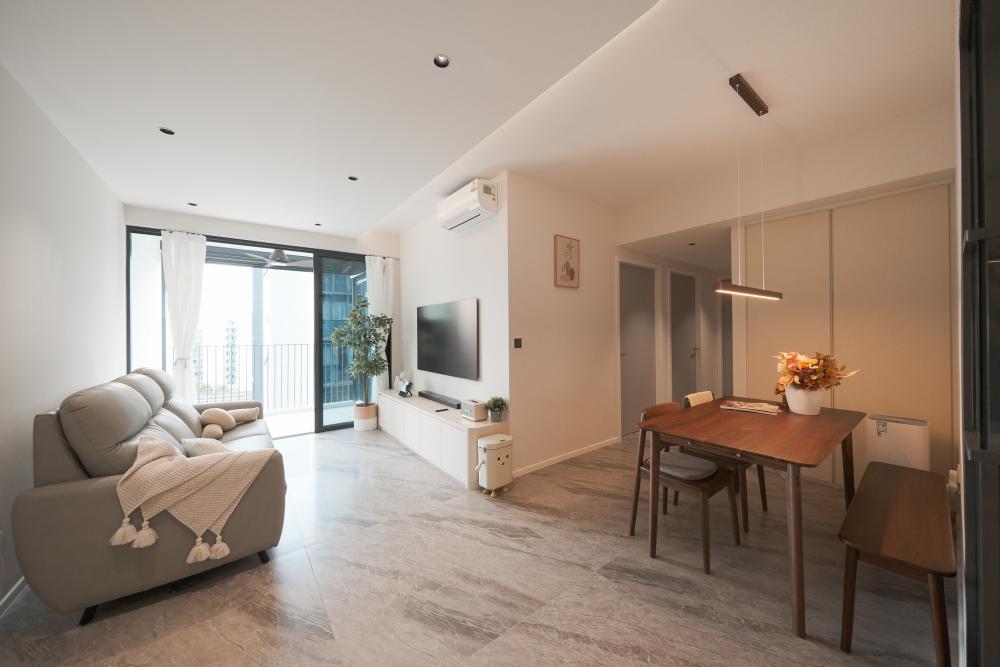 Contemporary Living Room with Feature Wall and Drop Light