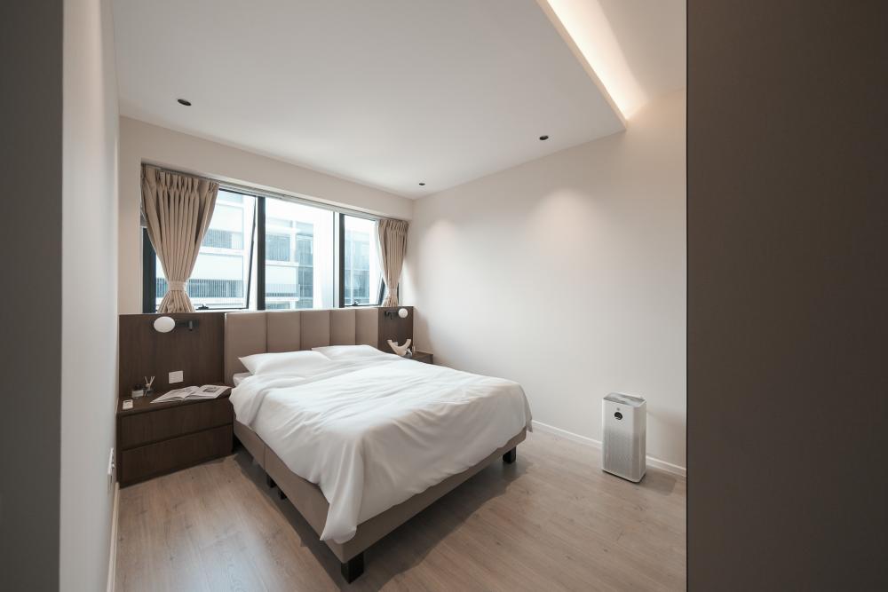 Contemporary Bedroom with Herringbone Tiling and Marble Floor