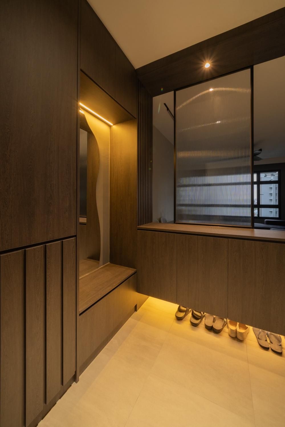 Modern Foyer with Mirror and Seating Bench