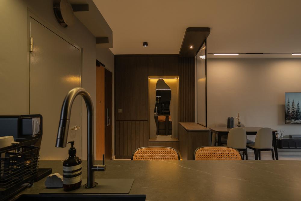 Modern Foyer with Mirror and Kitchen Island