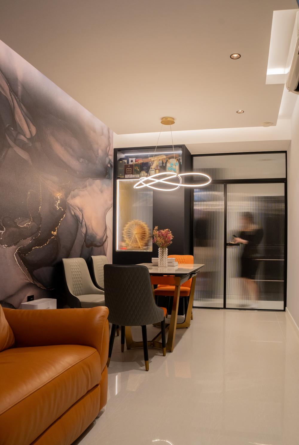 Modern Dining Room with Feature Wall and Drop Light