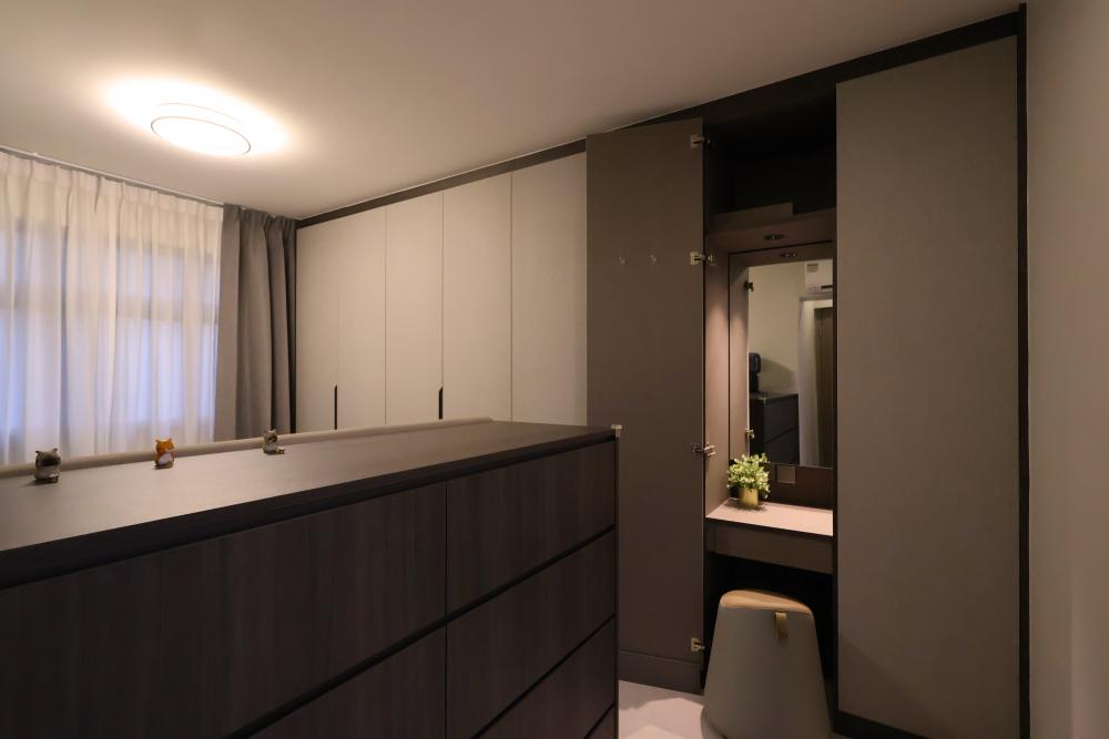 Modern Bedroom with Homogeneous Tiles and Wardrobe