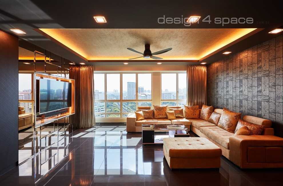 Contemporary Living Room with TV Console and Drop Light