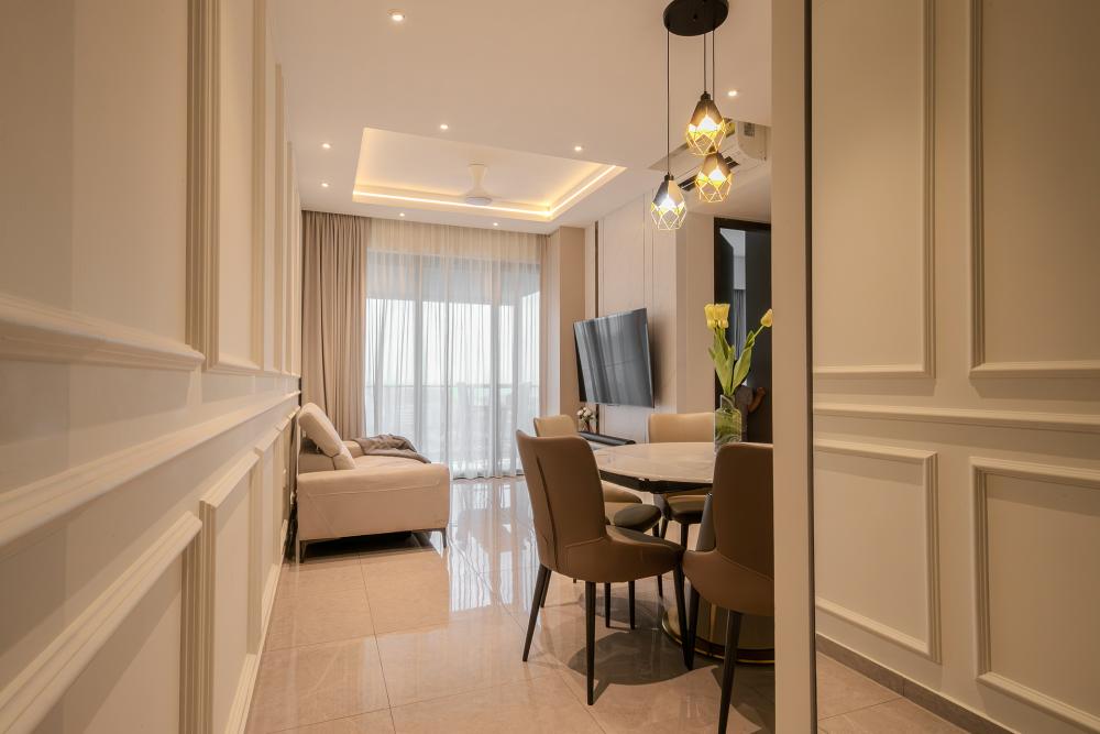 Contemporary Living Room with Homogeneous Tiles and TV Console
