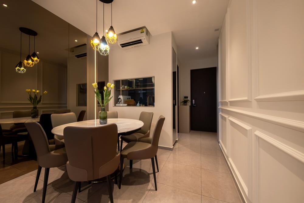 Contemporary Dining Room with Chandelier and Lighting