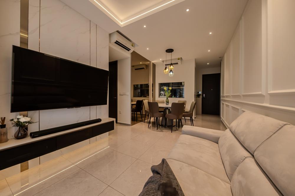 Contemporary Living Room with TV Console and Feature Wall