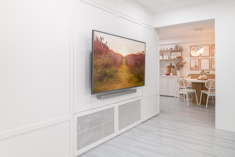Country Living Room with Vinyl Flooring and TV Console