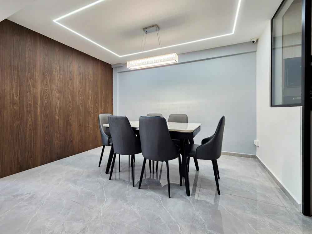 Contemporary Dining Room with Marble Floor and Drop Light