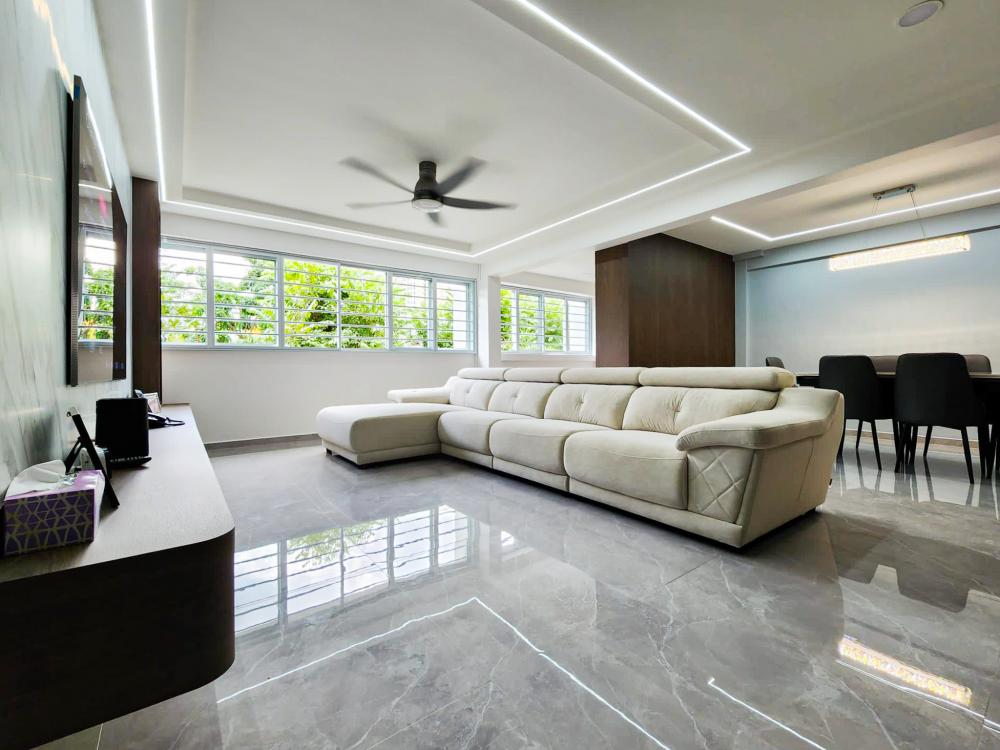 Contemporary Living Room with Bay Window and Cove Lighting