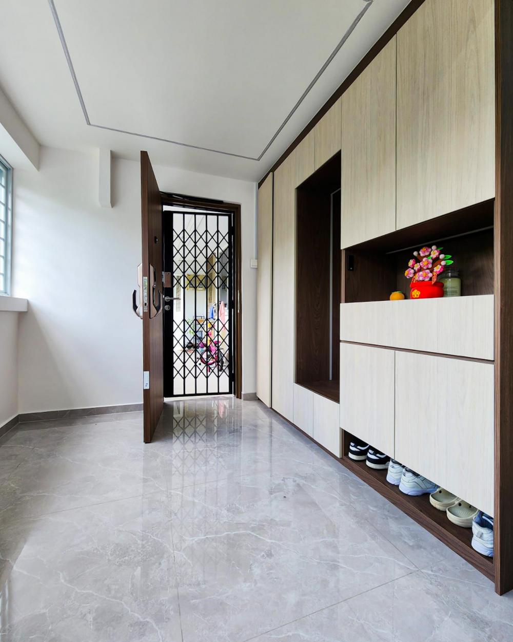 Contemporary Entryway with Marble Floor and Window Grille