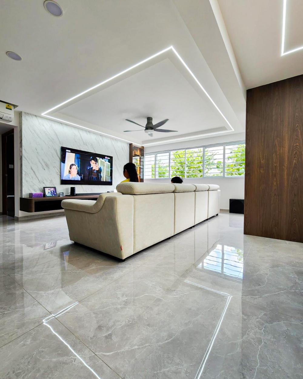 Contemporary Living Room with Marble Floor and TV Console
